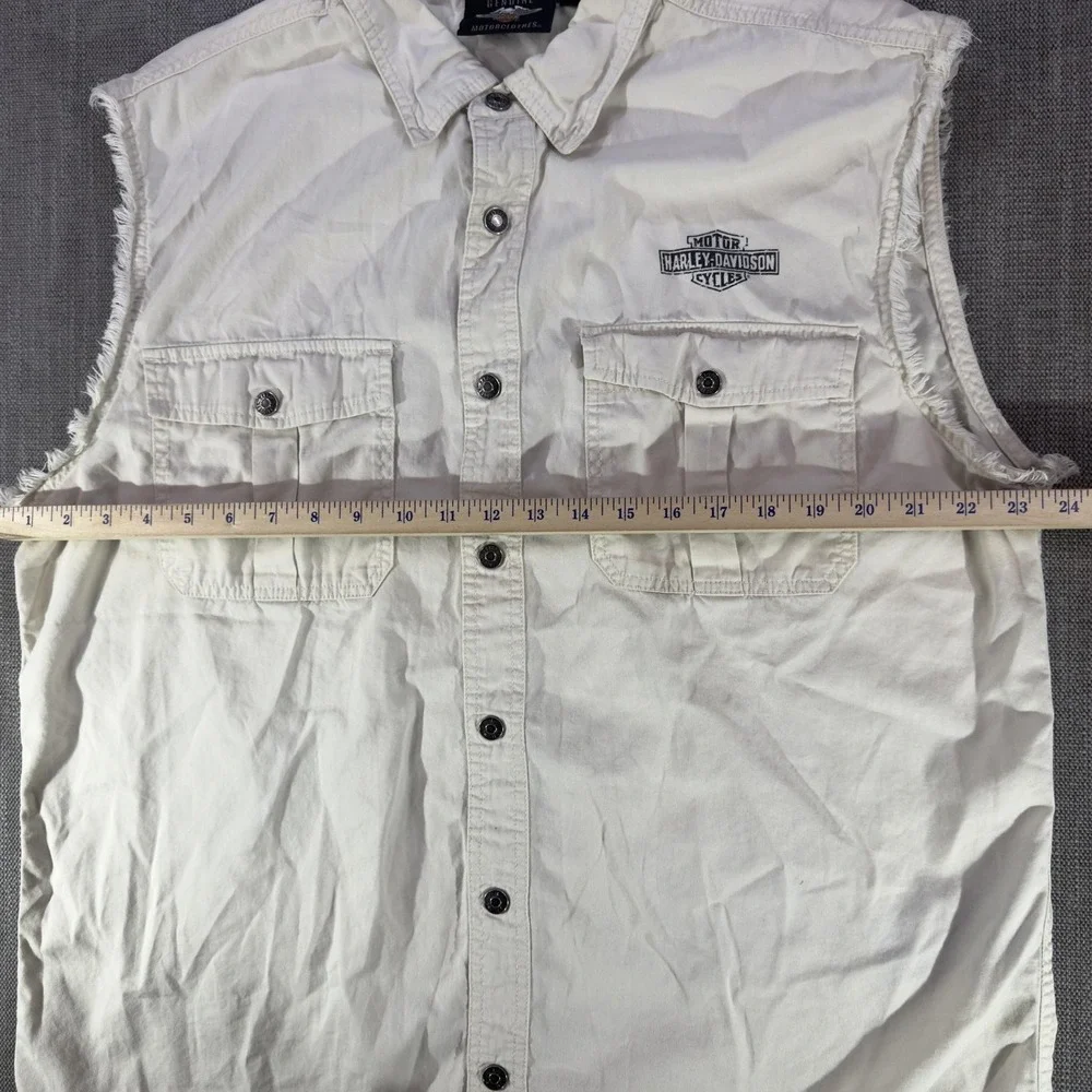 Harley-Davidson Shirt Mens XL White Sleeveless Cutoff Button Up Flag Graphic
